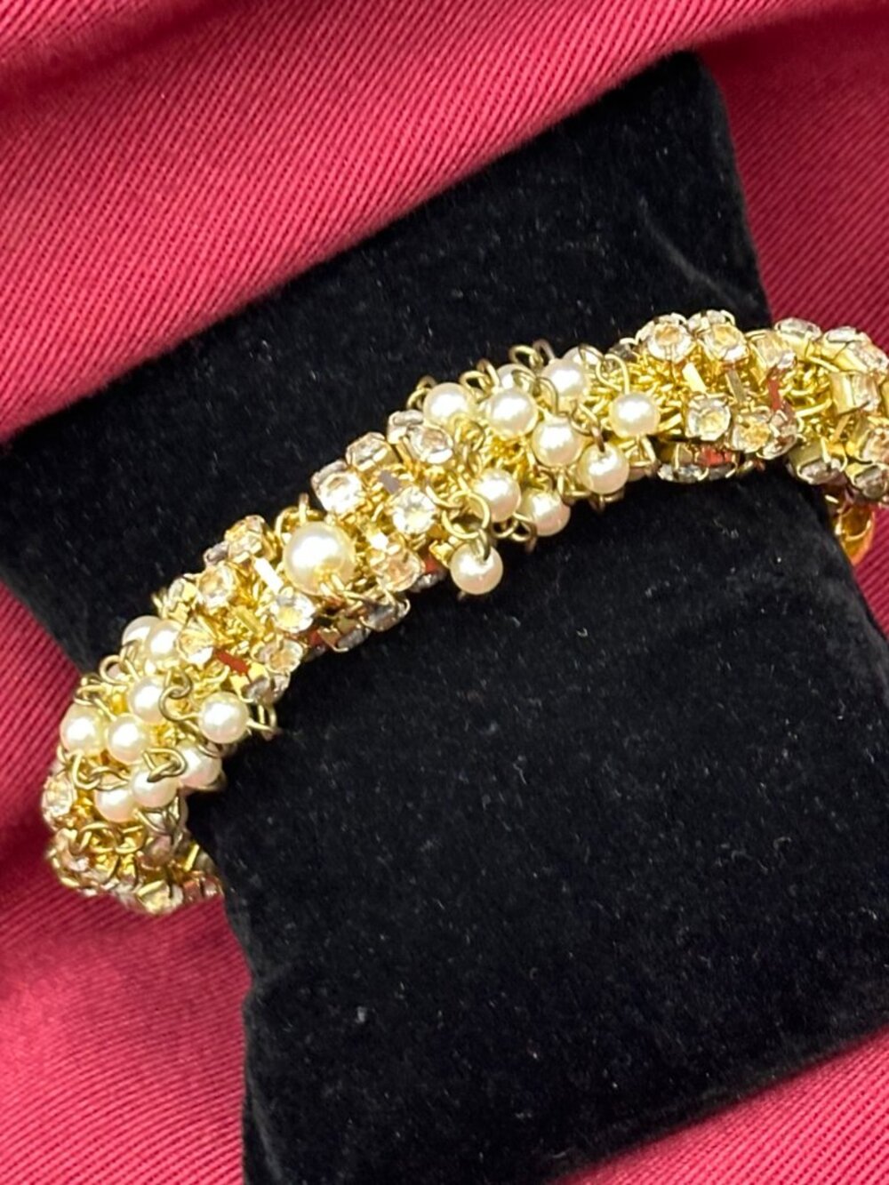 Rare VTG Kenneth Jay Lane Faux Pearl & Crystal Toggle Bracelet